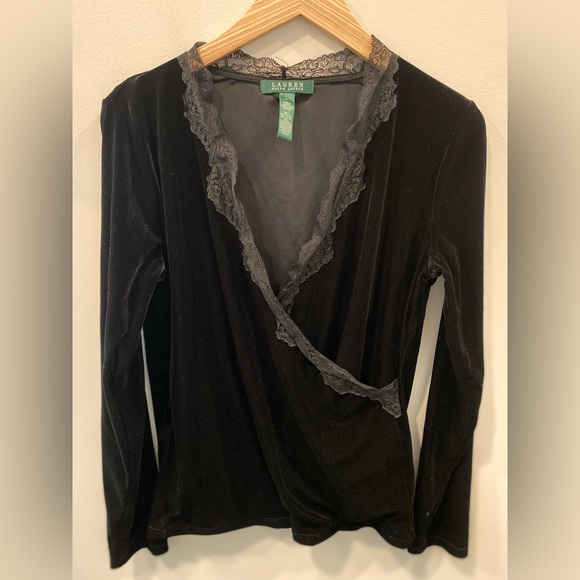 Ralph Lauren Tops - Lauren Ralph Lauren Black Velvet Lace Trim V-Neck Long Sleeve Blouse Size L